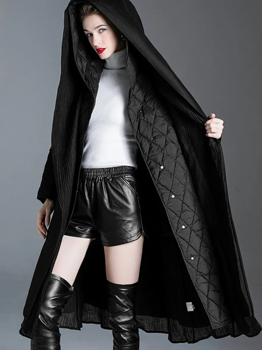 Manteau d'hiver noir à capuche avec ceinture pour femme