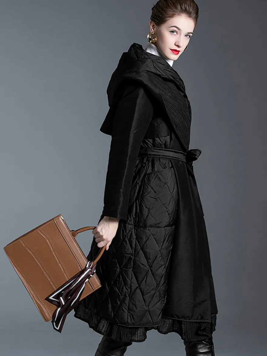 Manteau d'hiver noir à capuche avec ceinture pour femme