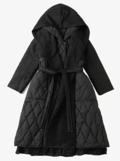 Manteau d'hiver noir à capuche avec ceinture pour femme