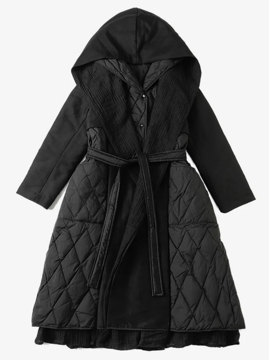 Manteau d'hiver noir à capuche avec ceinture pour femme