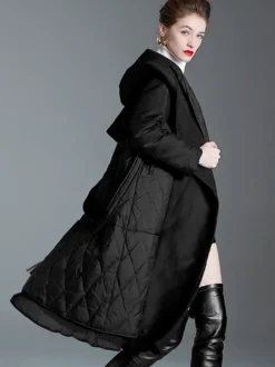 Manteau d'hiver noir à capuche avec ceinture pour femme