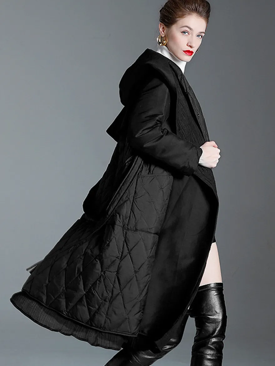 Manteau d'hiver noir à capuche avec ceinture pour femme