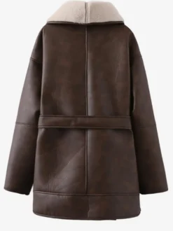 Manteau en cuir rétro oversize à bordure en peau lainée ceinture à la taille doublure peluche veste d'hiver