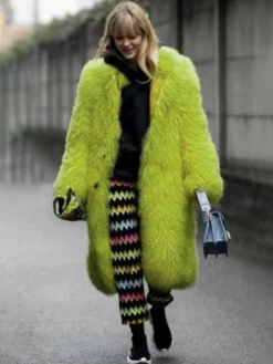 Manteau en fausse fourrure avec revers crantés couleur unie veste longue d'hiver écologique pour femme 2026