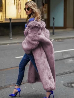 Manteau en fausse fourrure avec revers crantés couleur unie veste longue d'hiver écologique pour femme 2026