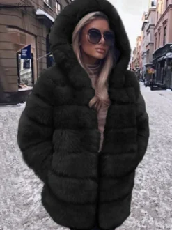 Manteau en fausse fourrure avec capuche Veste mi-longue décontractée d'hiver pour femme 2026
