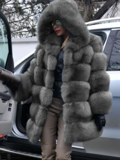 Manteau en fausse fourrure avec capuche Veste mi-longue décontractée d'hiver pour femme 2026