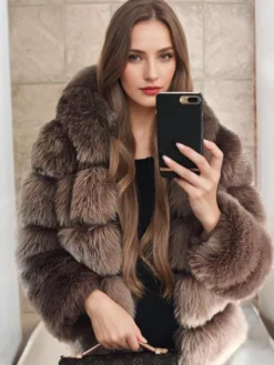 Manteau en fausse fourrure à capuche chaud court en peluche écologique pour femme hiver 2026