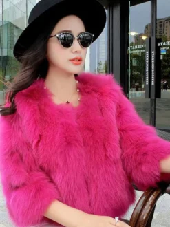 Manteau en Fausse Fourrure Court à Col Rond avec Manches Longues Unicolore Manteau Femme