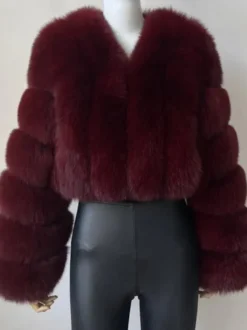 Manteau en fausse fourrure à col en V et manches longues pour femme veste courte en fourrure écologique d'hiver 2026