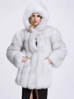 Manteau en fausse fourrure en peluche avec capuche Veste mi-longue en fourrure écologique d'hiver pour femme 2026