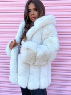 Manteau en fausse fourrure en peluche avec capuche Veste mi-longue en fourrure écologique d'hiver pour femme 2026