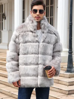 Manteau En Fausse Fourrure Gris Clair Homme Manches Longues Chaud Hiver Col Montant