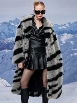 Manteau en fausse fourrure à imprimé zèbre col rabattu veste longue surdimensionnée et écologique pour femme 2026