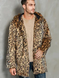 Manteau En Fausse Fourrure Léopard Homme Manches Longues Chaud Hiver Col Rabattu Capuche