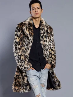 Manteau En Fausse Fourrure Long Léopard Homme Manches Longues Chaud Hiver Col Rabattu Capuche