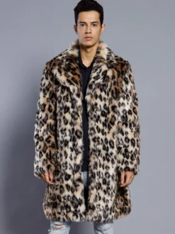 Manteau En Fausse Fourrure Long Léopard Homme Manches Longues Chaud Hiver Col Rabattu Capuche