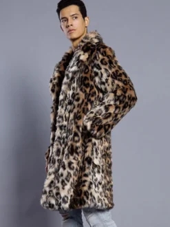 Manteau En Fausse Fourrure Long Léopard Homme Manches Longues Chaud Hiver Col Rabattu Capuche