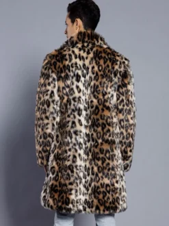 Manteau En Fausse Fourrure Long Léopard Homme Manches Longues Chaud Hiver Col Rabattu Capuche