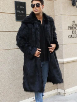 Manteau En Fausse Fourrure Long Noir Homme Manches Longues Chaud Hiver Col Rabattu