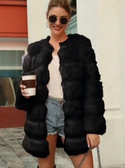 Manteau en fausse fourrure à manches longues manteau d'hiver noir chic