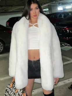 Manteau en fausse fourrure à manches longues pour femme chic surdimensionné col rabattu blanc