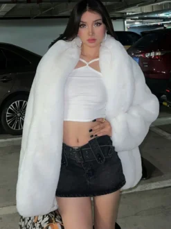 Manteau en fausse fourrure à manches longues pour femme chic surdimensionné col rabattu blanc