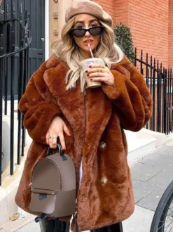 Manteau en fausse fourrure à revers crantés Veste longue chic et écologique pour femme 2026