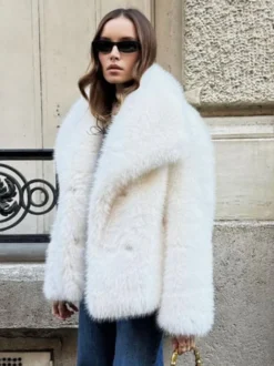 Manteau En Fausse Fourrure À Revers Chic Veste Blanche D'hiver