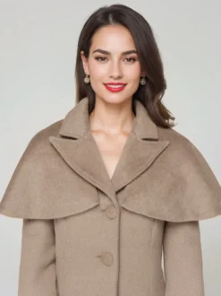 Manteau en laine mélangée avec cape classique à revers élégant Camel hiver long vêtements d'extérieur pour femmes 2026