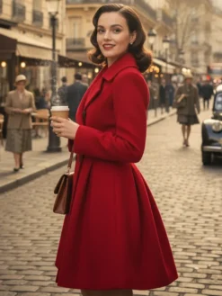 Manteau en laine rouge rétro années 1950 coupe trapèze croisé pour femme (2026)