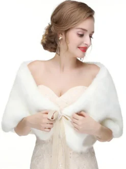 Manteau Fausse Fourrure Cape de Mariage Femme Veste Unicolore à Col V à Lacets