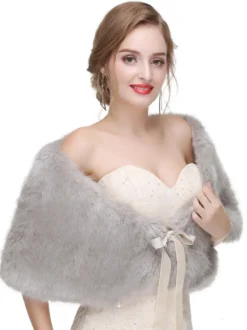 Manteau Fausse Fourrure Cape de Mariage Femme Veste Unicolore à Col V à Lacets