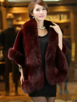 Manteau Fausse Fourrure Femmes Court Hiver avec Manches Mi-longues Unicolore Manteau Cape Fausse Fourrure Synthétique