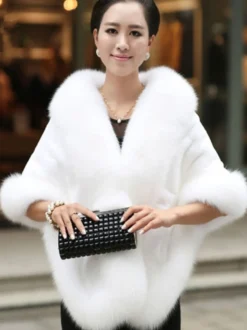 Manteau Fausse Fourrure Femmes Court Hiver avec Manches Mi-longues Unicolore Manteau Cape Fausse Fourrure Synthétique