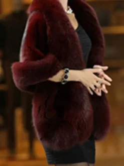 Manteau Fausse Fourrure Femmes Court Hiver avec Manches Mi-longues Unicolore Manteau Cape Fausse Fourrure Synthétique