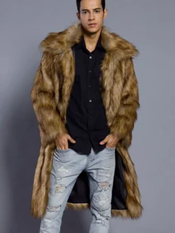 Manteau Fausse Fourrure Marron Manteau Manches Longues Col Rabattu Hiver Homme