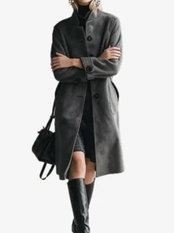 Manteau femme à col montant en faux daim coupe droite mi-longue style minimaliste