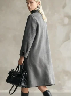 Manteau femme à col montant en faux daim coupe droite mi-longue style minimaliste