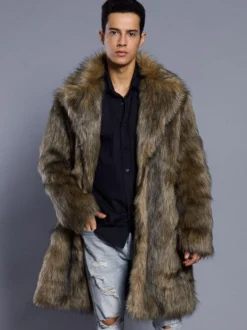 Manteau homme hiver couleur Brun en polyester fausse fourrure