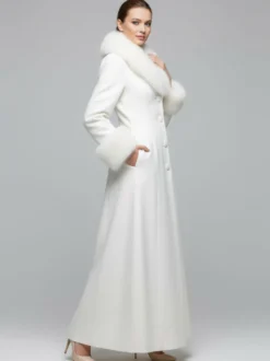 Manteau long blanc en laine avec col et poignets en fausse fourrure pour femme 2026