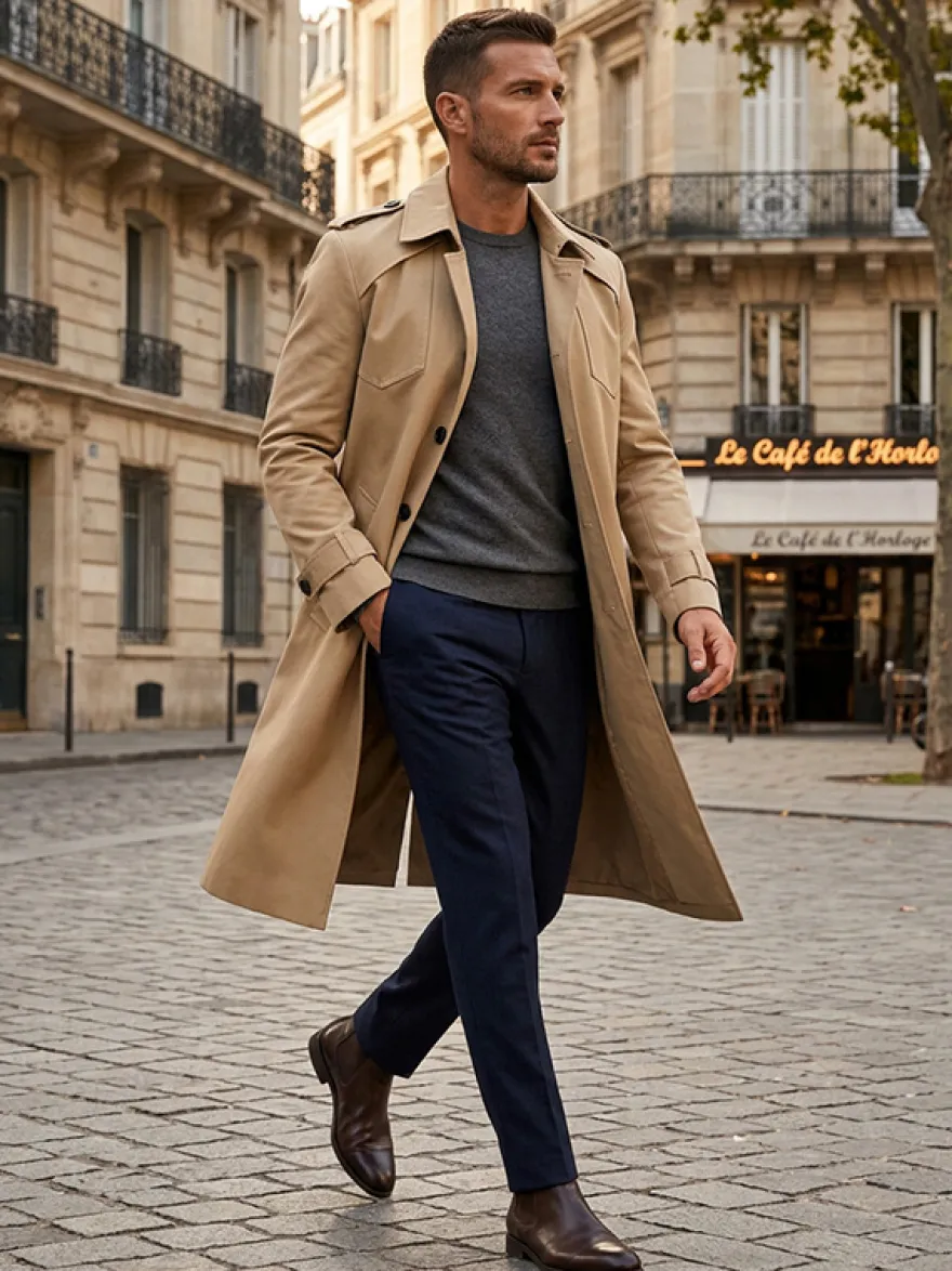Manteau Long Costume Pour Hommes Col Rabattu Confortable Bleu Foncé Beau