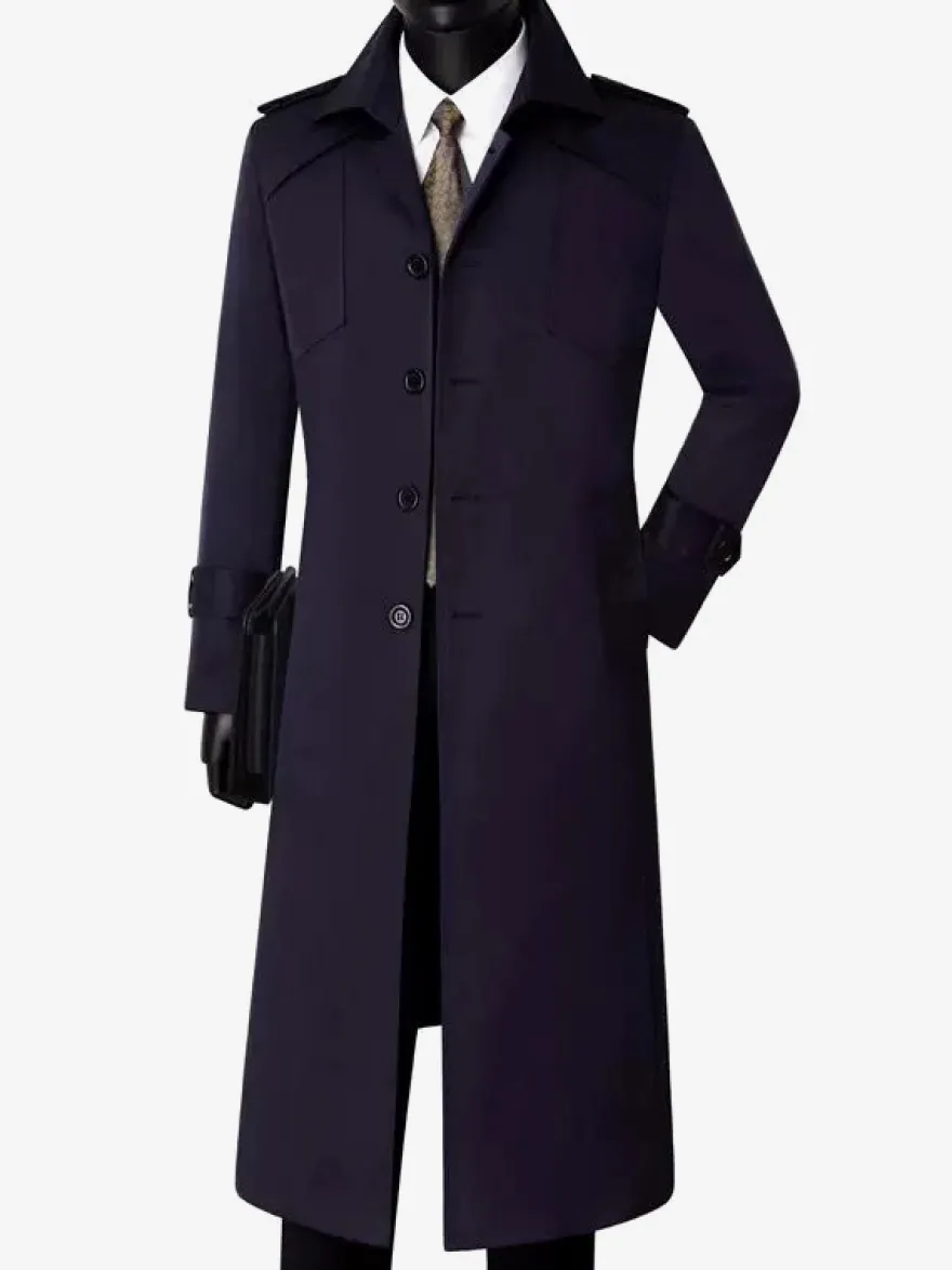 Manteau Long Costume Pour Hommes Col Rabattu Confortable Bleu Foncé Beau