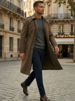 Manteau Long Costume Pour Hommes Col Rabattu Confortable Bleu Foncé Beau
