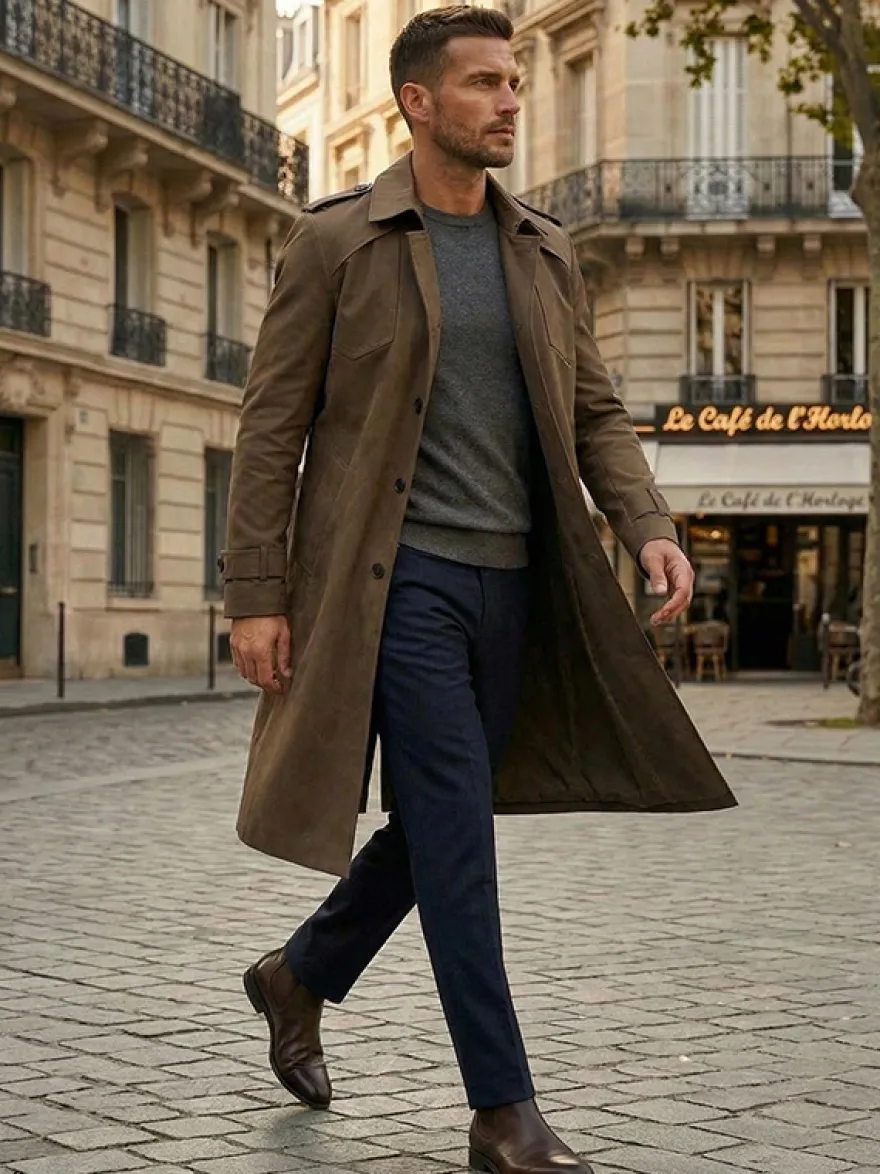 Manteau Long Costume Pour Hommes Col Rabattu Confortable Bleu Foncé Beau