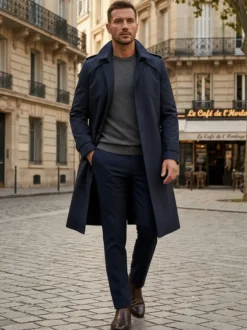 Manteau Long Costume Pour Hommes Col Rabattu Confortable Bleu Foncé Beau