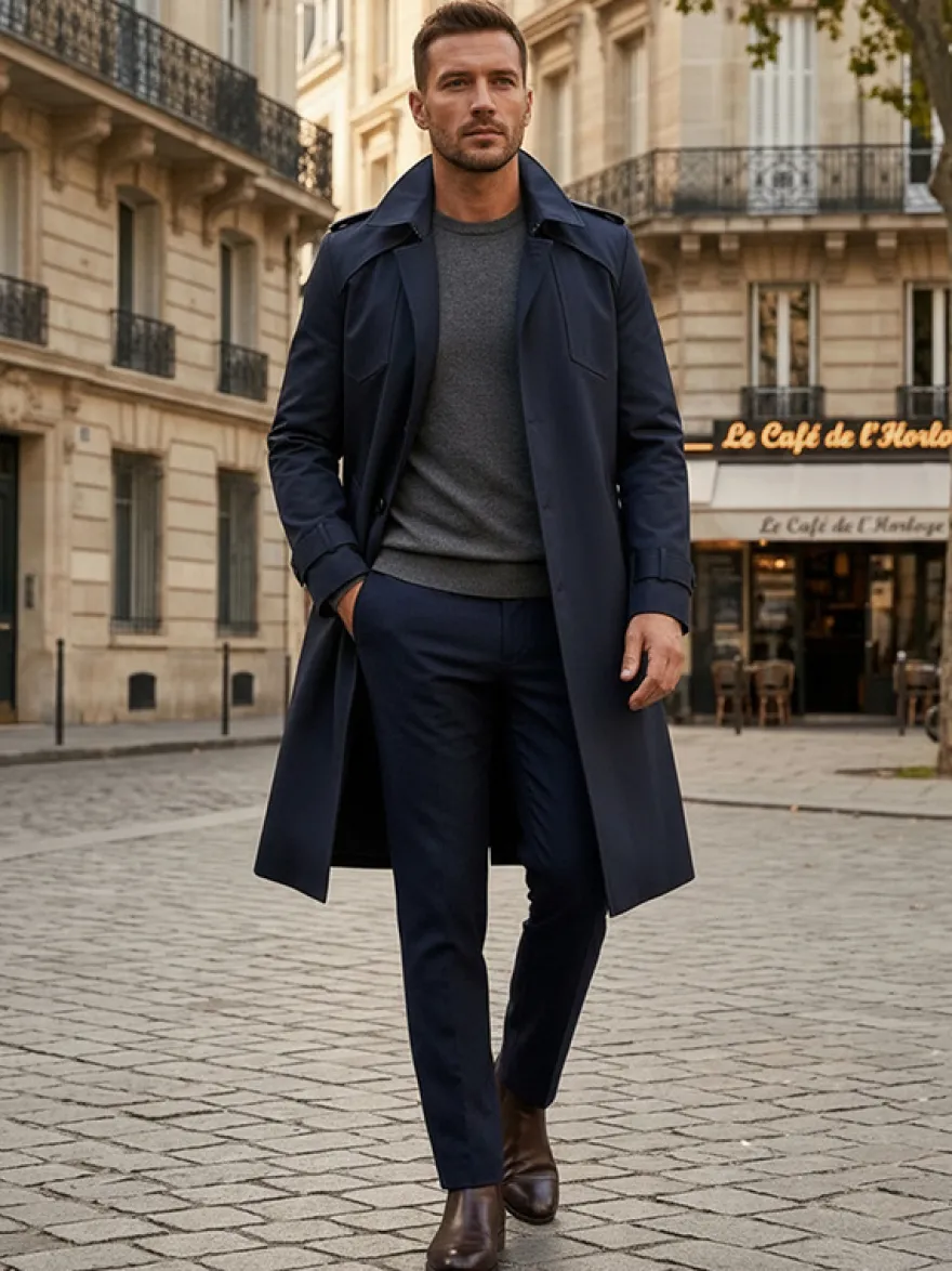 Manteau Long Costume Pour Hommes Col Rabattu Confortable Bleu Foncé Beau