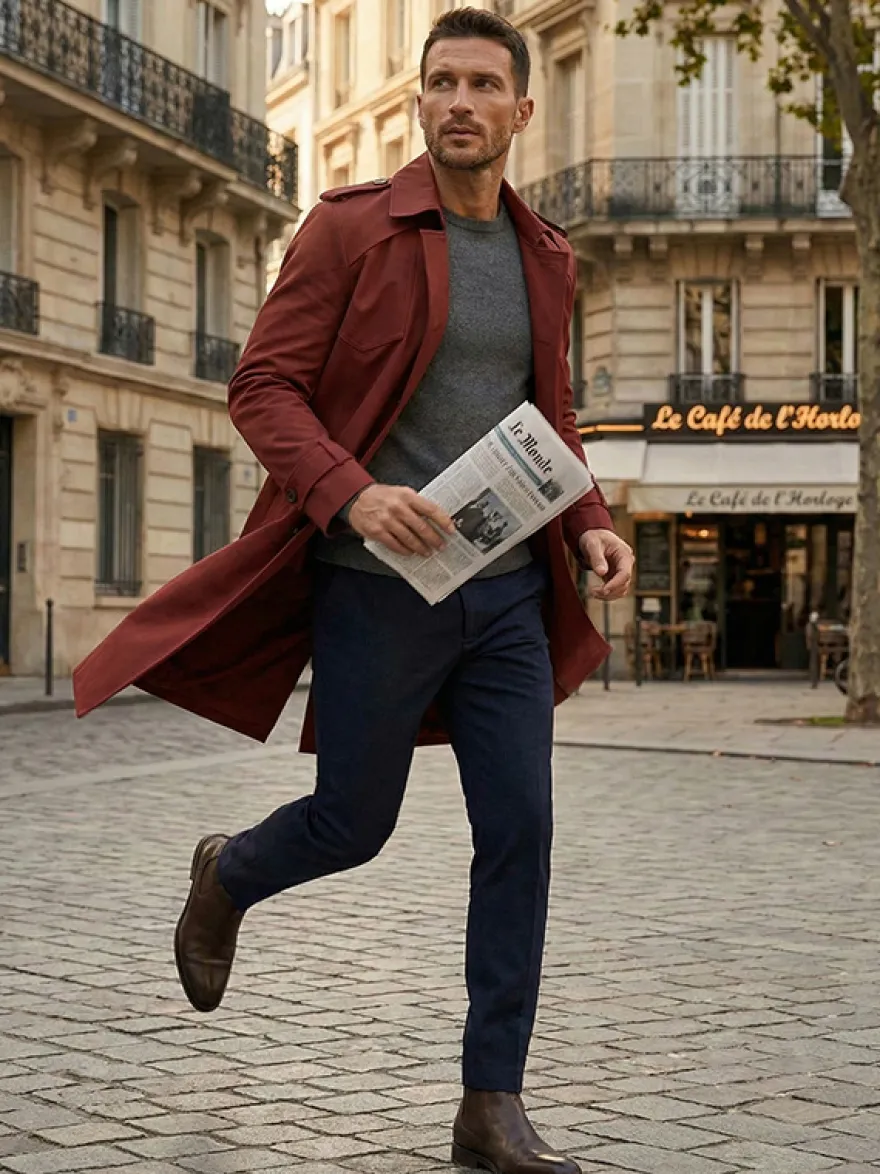 Manteau Long Costume Pour Hommes Col Rabattu Confortable Bleu Foncé Beau