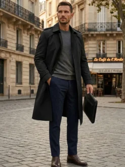 Manteau Long Costume Pour Hommes Col Rabattu Confortable Bleu Foncé Beau