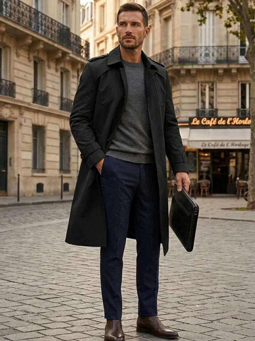 Manteau Long Costume Pour Hommes Col Rabattu Confortable Bleu Foncé Beau